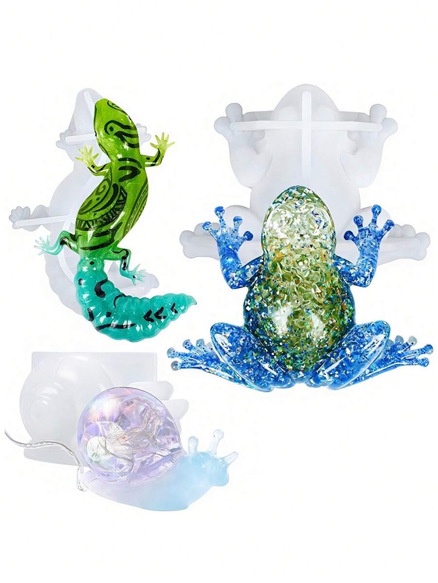 3 pièces - Moules en résine époxy d'animaux, moules en silicone de limaces, grenouilles et lézards simulés, petits ornements d'animaux de Pâques pour moulage en résine époxy sur le mur, la table, le placard et la décoration d'intérieur - Blanc - Voir 1