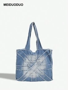 Túi đeo vai/Túi tote có tua rua màu trơn thời trang thông thường, thích hợp để đi làm/trang phục hàng ngày/đại học/du lịch, được làm bằng vải cao cấp phong cách Hàn Quốc với vẻ ngoài trung tính - Màu xanh lam - Xem 1