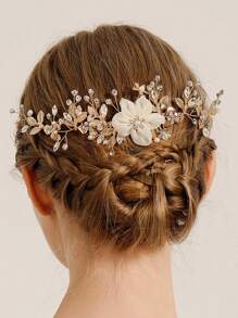 1 件装花朵新娘婚礼发梳水钻新娘发饰叶子发饰适合女士和女孩 - 金色 - 查看 1