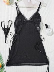 Váy ngủ xuyên thấu gợi cảm dành cho nữ, Váy lót dây kiểu dáng đẹp, Bộ đồ ngủ mỏng xuyên thấu, Váy ngủ ren Cami cho nữ - màu đen - Xem 11