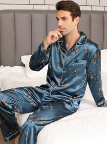 Pijama de seda satinada para hombres, conjunto de dos piezas de ropa de dormir con pantalones largos y camisa abotonada - Multicolor - Ver 1