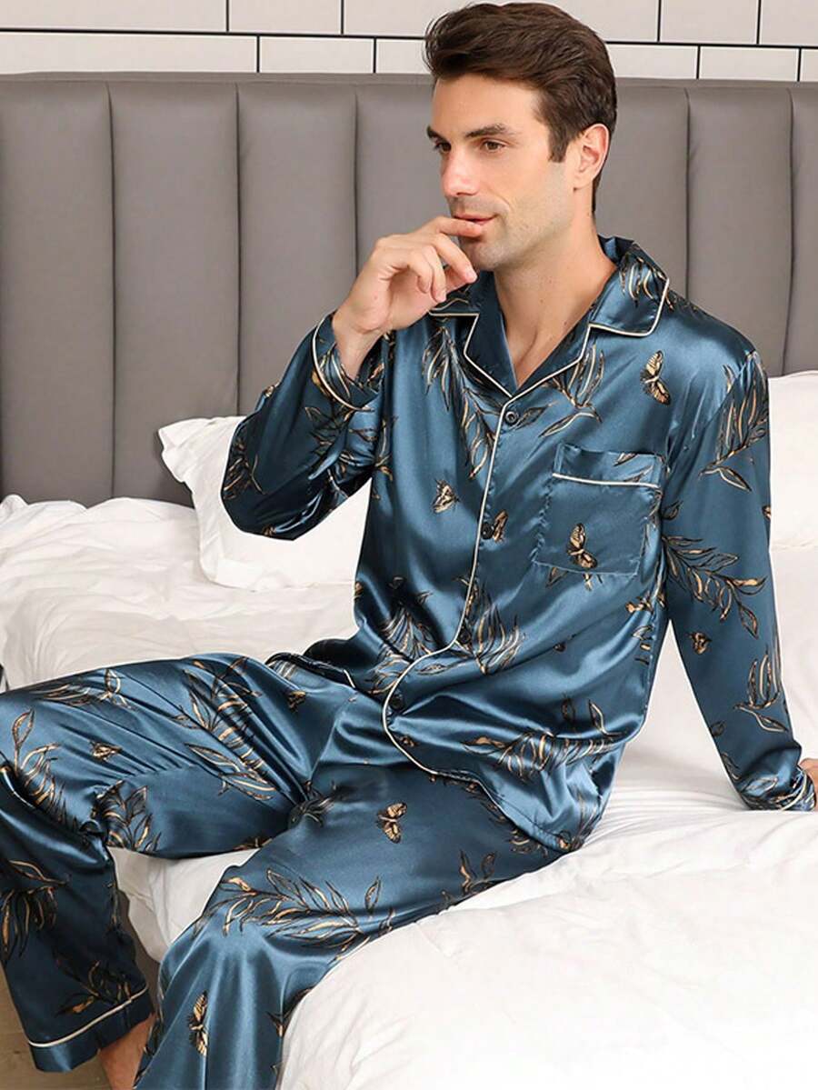 Pijama de seda satinada para hombres, conjunto de dos piezas de ropa de dormir con pantalones largos y camisa abotonada - Multicolor - Ver 1