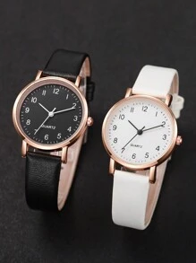 Women's Fashionable Simple Digital Dial Quartz Wristwatch + Heart Bracelet (4pcs/Set) As A Gift For Students Returning To School Valentines - Black and White - View 8