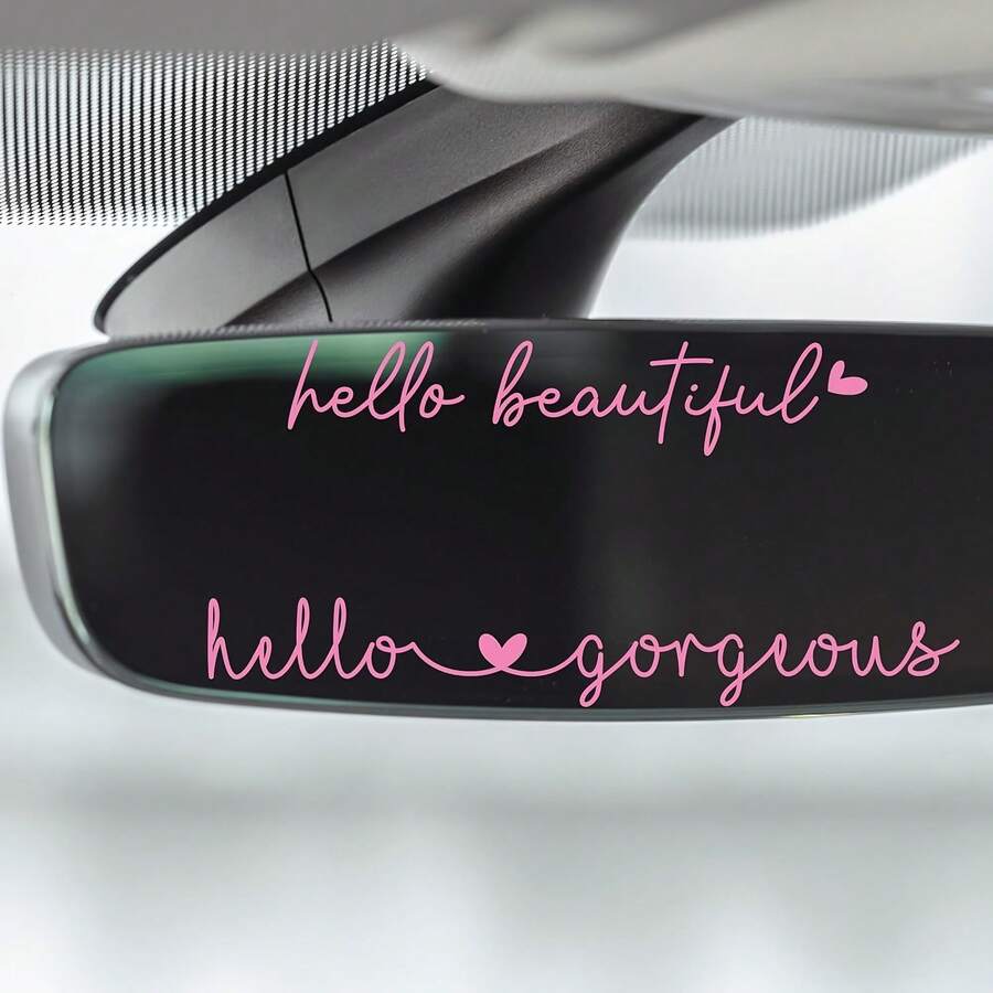 2 piezas/set 'Hola Hermosa' 'Preciosa' Accesorios para espejo retrovisor de vinilo como decoración de coche, calcomanías para espejo de tocador para niñas, pegatinas para coche, cosas para mujeres - rosa - Ver 1