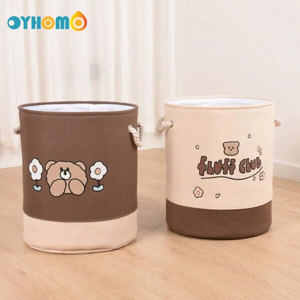 OYHOMO Foldable Fabric Laundry Basket Bear Print Storage Basket Bin With Handle, Cute Animal Design Clothes Hamper For Toys Nursery Organizer Home Decor