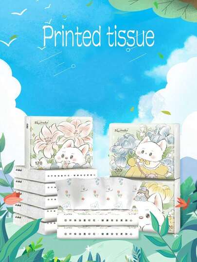 Creative Cute White Cat Cartoon Printed Pocket Tissue, Soft And Skin-Friendly Home & Travel Facial Tissues, 120pcs
