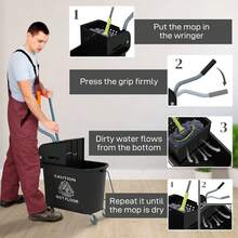 HOMCOM 20L Mop Bucket With Wringer And Handle, Mop Bucket On Wheels For Floor Cleaning, Separate Dirty And Clean Water - Black - View 6