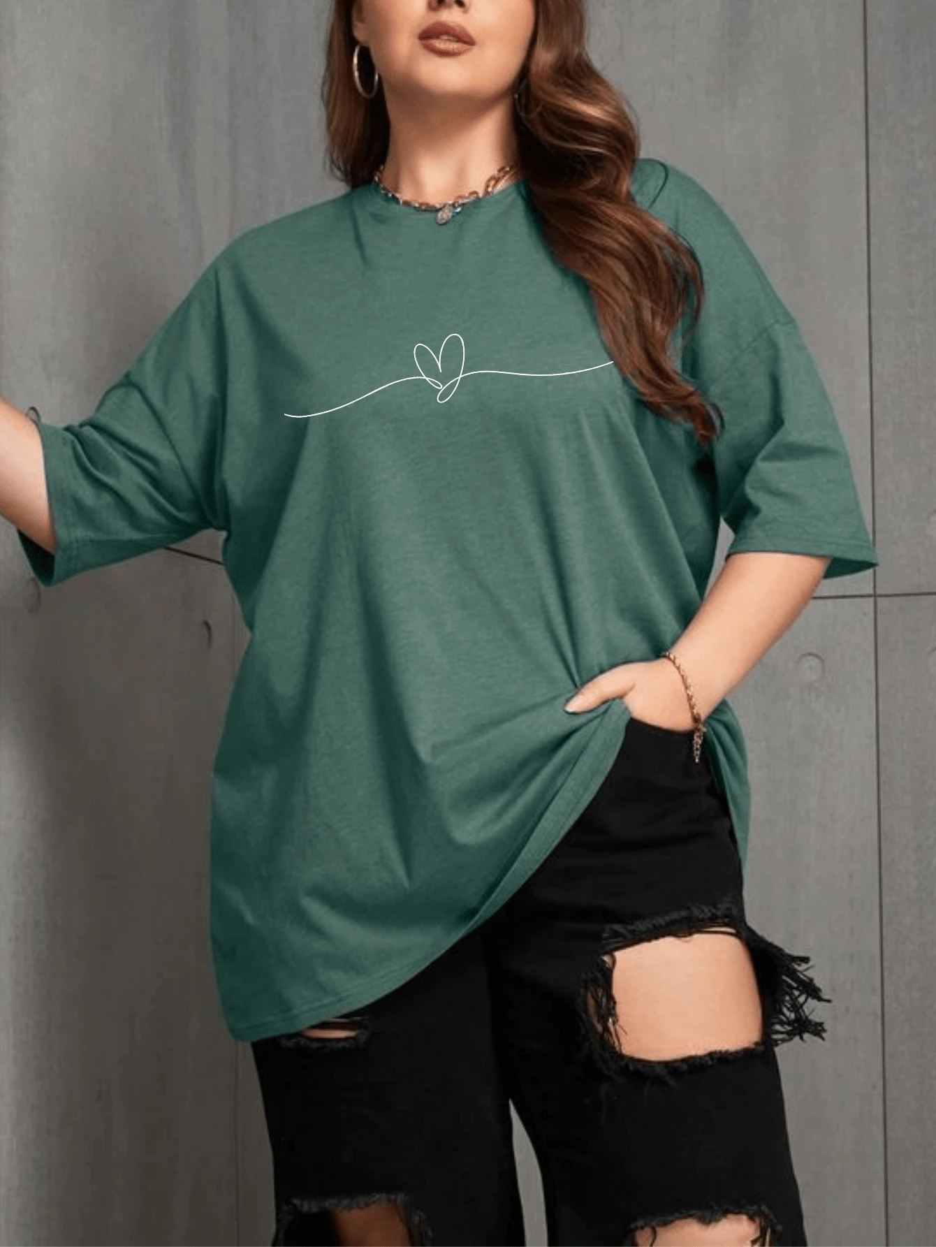 Women's Plus Size T-Shirt With Heart Print, And - xanh quân đội - Xem 1