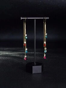1pair Of Fashionable Long Tassel Drop Earrings With Rhinestone Water-Drop Design, For Women - Green/pink/blue/rose Red - View 4