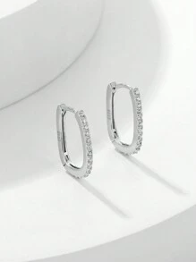 HuooNew 1pair Advanced 925 Sterling Silver Ellipse & Square Shape Micro Inlaid Cubic Zirconia Earrings, Unisex Silver Jewelry For Gift