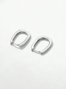HuooNew 1pair Advanced 925 Sterling Silver Ellipse & Square Shape Micro Inlaid Cubic Zirconia Earrings, Unisex Silver Jewelry For Gift