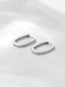 HuooNew 1pair Advanced 925 Sterling Silver Ellipse & Square Shape Micro Inlaid Cubic Zirconia Earrings, Unisex Silver Jewelry For Gift