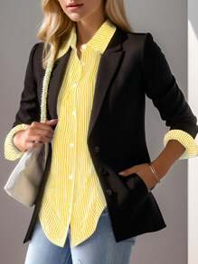 Women's Lapel Striped Pocket Office Work Long Sleeve Shirt - Yellow - View 5