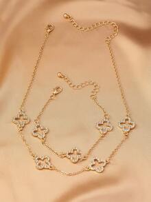 1pc Hollowed-Out Four-Leaf Clover Pendant Necklace With Rhinestone And 1pc Hollowed-Out Four-Leaf Clover Pendant Bracelet, Vintage And Elegant Women's Jewelry Set - Yellow Gold - View 6