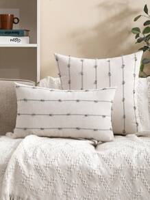 1pc Fringed Linen Pillowcase With Woven Striped Pattern - Khaki - View 3