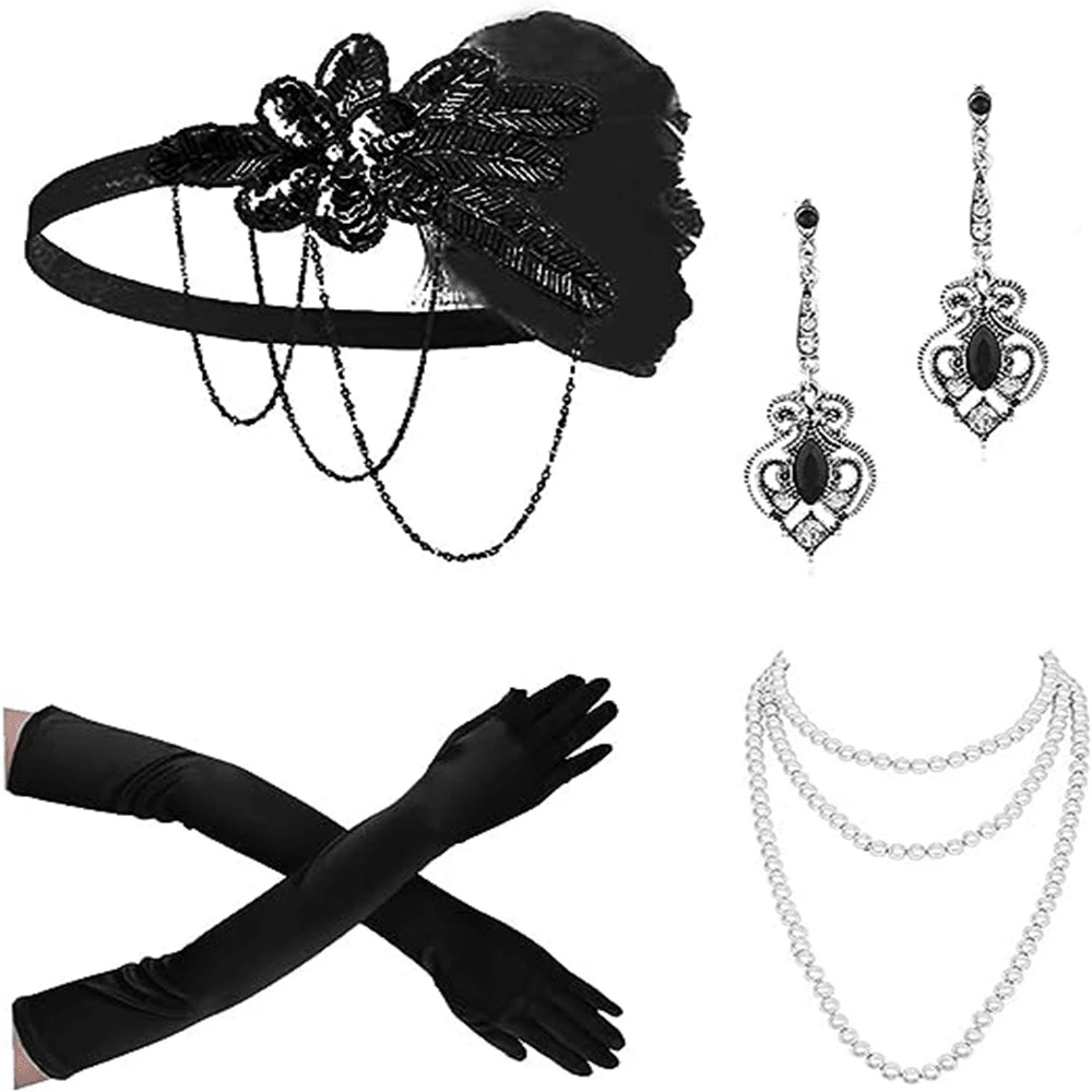 1920s Bohemian Flapper Costume Accessories Set Vintage Pearl Necklace