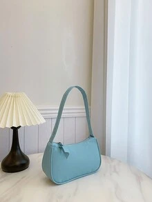 1pc Solid Color Mini Underarm Shoulder Bag, PU Leather Small Casual Tote Handbag For Women, Large Capacity Zipper Bag For Shopping, Outing, Storing Wallet, Phone - Blue - View 8