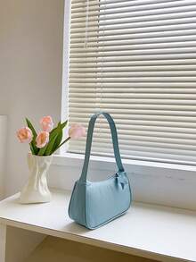 1pc Solid Color Mini Underarm Shoulder Bag, PU Leather Small Casual Tote Handbag For Women, Large Capacity Zipper Bag For Shopping, Outing, Storing Wallet, Phone - Blue - View 5