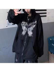 Otoño e invierno las mujeres con capucha cremallera chaqueta suéter chaqueta antes y después de la mariposa de impresión suelta versátil de longitud media ins perezoso chaqueta de viento - Negro - Ver 4