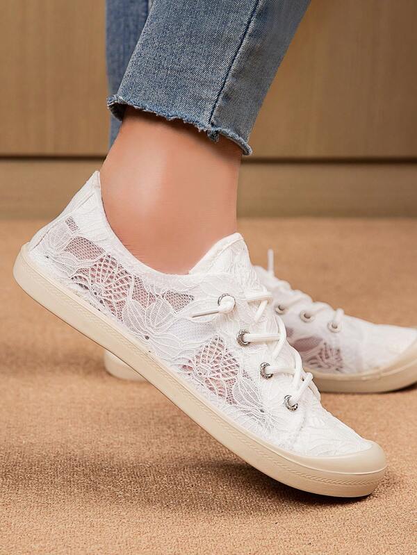 Womens Floral Lace Ballet Flats - Effortless Slip-On, Ultra-Soft Sole, Airy & Comfy - Chic Shallow Mouth Shoes For Breathable All-Day Wear