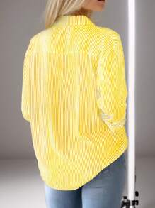 Women's Lapel Striped Pocket Office Work Long Sleeve Shirt - Yellow - View 4