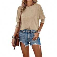 BZB Women's 3/4 Sleeve Casual Tops Solid Color Crew Neck Loose Fit Shirts Blouses - Màu Khaki - Xem 5
