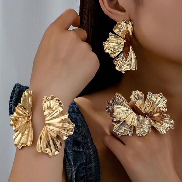 Set Of 1/1 Pair/2 Pcs/5 Pcs Jewelry - Metallic Flower Ring, Earrings, Bracelet Set, Elegant & Versatile Floral Petal Accessories For Women