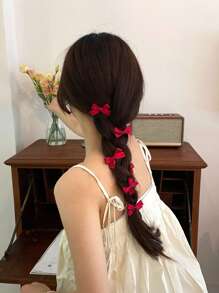 6入組女士髮飾酒紅色蝴蝶結髮夾，甜美芭蕾靈感的編織髮型小結帶，髮夾，日常可愛頭部裝飾 - 酒紅色 - 查看 5