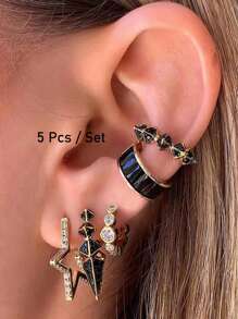 Conjunto de 5 pendientes aros con estrella enchapados en oro con circonita cúbica negra para mujer, pendientes de clip de moda