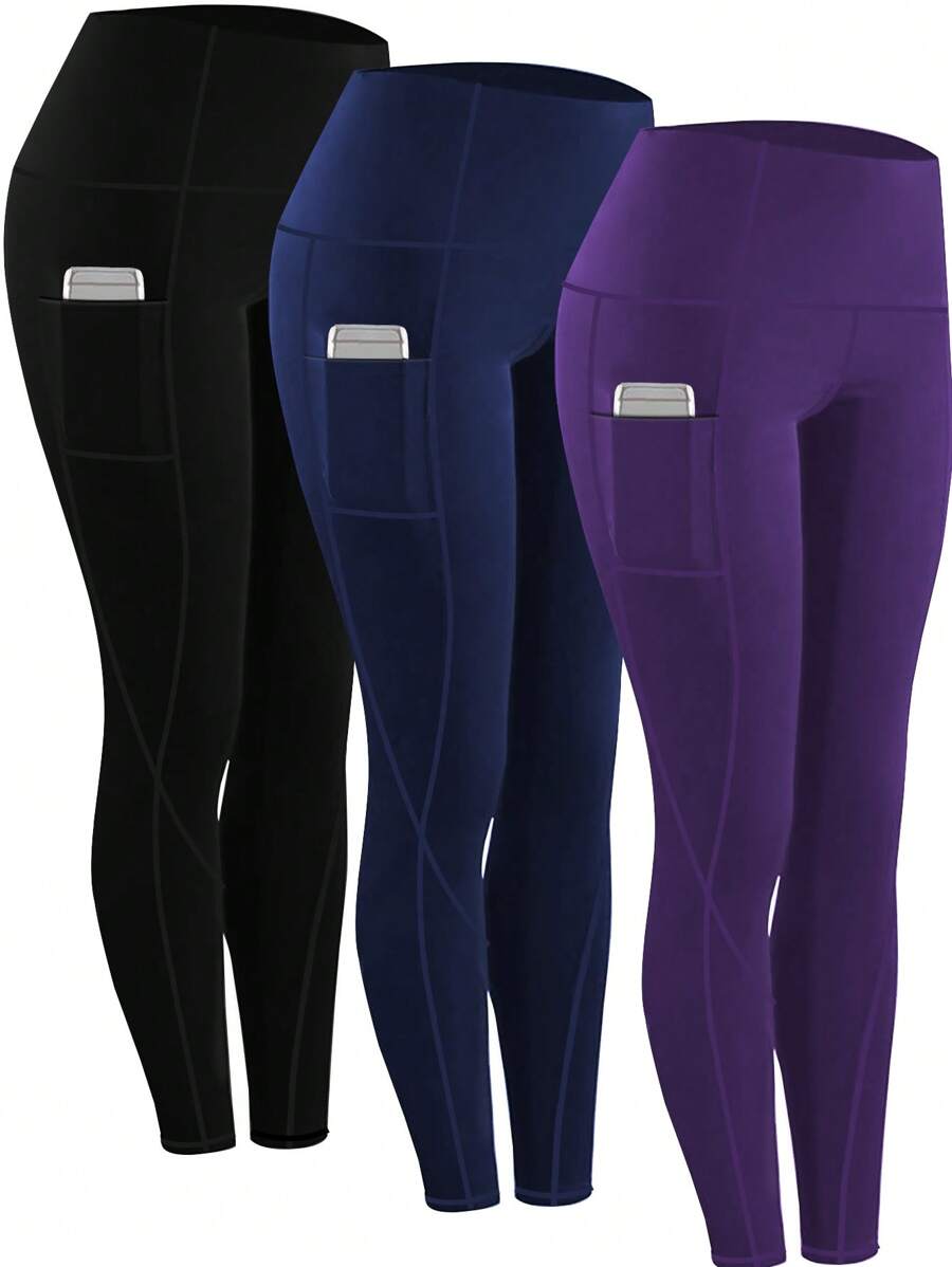 3Pcs/Set High Waist Yoga Pants With Pockets, Elastic Sports Compression Leggings For Yoga, Fitness, Running Tights - Purple - View 1