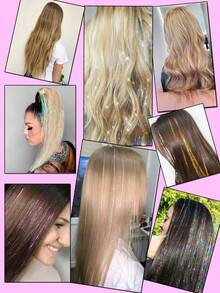 12入組中長直接式合成髮束，時尚派對女士髮箍禮品，12入組髮箍彩色閃粉細絲髮束，20英寸夾式閃光細絲髮扩展，節日禮物細絲仙女髮扩展，派對炫耀髮飾 - 彩色 - 查看 4