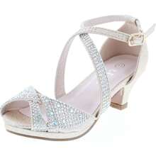 Girl's Rhinestone Criss Cross Ankle Strap Chunk Heel Sandals - Champagne - View 1