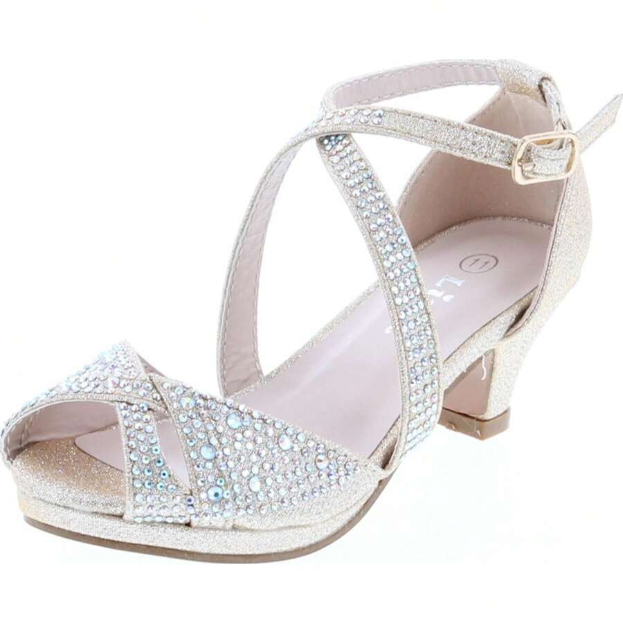 Girl's Rhinestone Criss Cross Ankle Strap Chunk Heel Sandals - Champagne - View 1