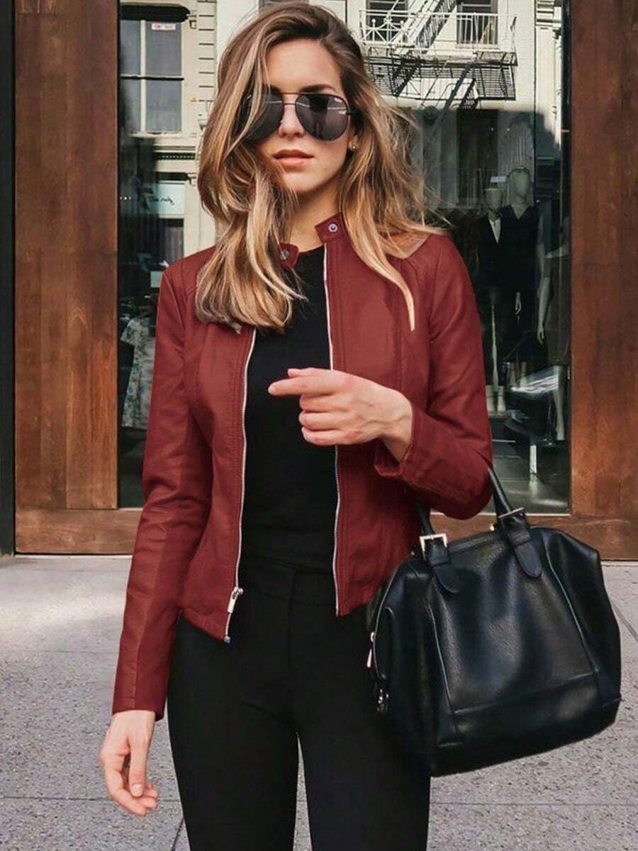 Otoño e invierno señoras PU chaqueta chaqueta de motorista negro clásico de la moda de PU traje pequeña chaqueta - Burdeos - Ver 1