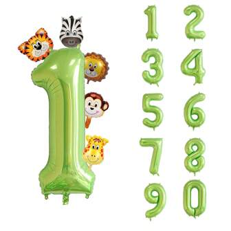 40 Inch Green Number Balloons With Mini Jungle Animals Balloon, Tiger Lion Giraffe Monkey Zebra Animal Foil Balloons For Birthday Party Decorate Supplies Favor,Digit 0-9 Large Balloons,Christmas