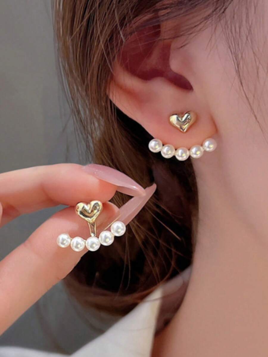 Unique Heart Design Stud Earrings Ear Jacket Zinc Alloy Jewelry Embellished With Faux Pearl Elegant Simple Style Female Daily Dating Ear Decor Valentines - Heart Pearl Earrings - View 1
