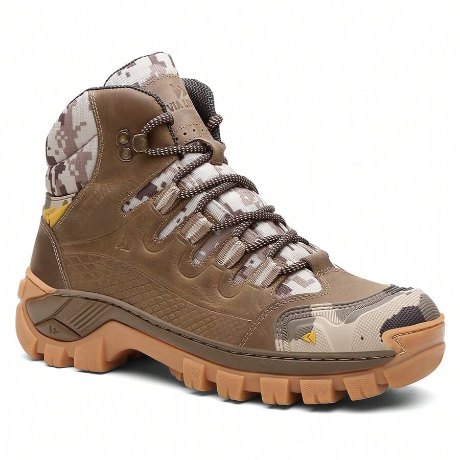 Coturno Estilo Militar Couro Biqueira PVC Genuíno Cano Médio Resistente Confortável Palmilha EVA - Areia Camuflada - Visão 1