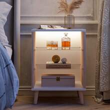 End Table LED Small Side Table With 2 Glass Shelves LED Farmhouse Bedside Table With Storage For Living Room, Bedroom And Home Office - Light Rustic Oak - 查看 2