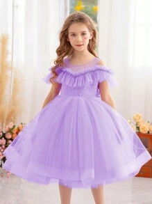 Vestido Princesa de Tule com Laço para Menina Jovem, Adequado para Festa do Dia dos Namorados, Festa de Aniversário, Dama de Honra em Casamento, Celebração de Festival, Apresentação Escolar, Uso Diário - Malva - Visão 3