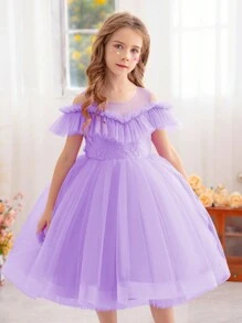 Vestido Princesa de Tule com Laço para Menina Jovem, Adequado para Festa do Dia dos Namorados, Festa de Aniversário, Dama de Honra em Casamento, Celebração de Festival, Apresentação Escolar, Uso Diário - Malva - Visão 1