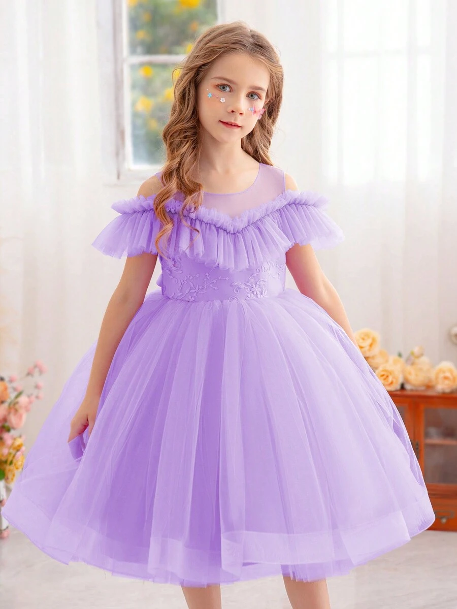 Vestido Princesa de Tule com Laço para Menina Jovem, Adequado para Festa do Dia dos Namorados, Festa de Aniversário, Dama de Honra em Casamento, Celebração de Festival, Apresentação Escolar, Uso Diário - Malva - Visão 1