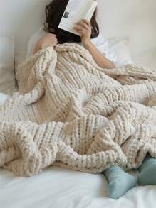 1pc Handmade Chenille Striped Hollow-Out Knit Blanket, Soft Thick Warm Nap Throw Blanket For Sofa, Travel, Leisure, Home Decor, Bedding - Beige - View 1