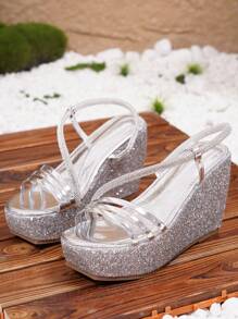 Sandalias de cuña plateada con lentejuelas de tacón alto para mujer con suela gruesa decorada con pedrería - Plateado - Ver 9