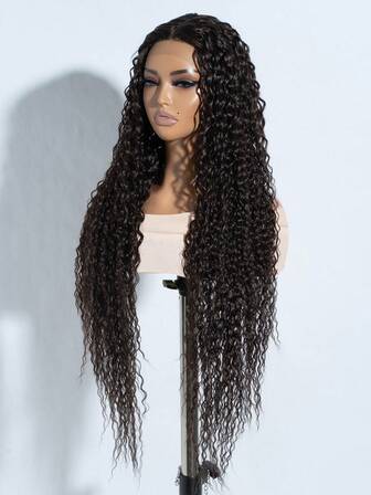 Pelucas largas y rizadas rubias y marrones con encaje frontal sintético de 38 pulgadas, línea del cabello pre-arrancada de 13*4*1, ondulado y resistente al calor, para mujeres, aspecto natural