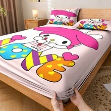 Juego de ropa de cama con patrón de dibujos animados Melody de 3 piezas, suave y cómodo, decoración de dormitorio, habitación de invitados (incluye 1 sábana bajera y 2 fundas de almohada) - Multicolor - Ver 4
