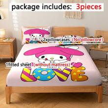 Juego de ropa de cama con patrón de dibujos animados Melody de 3 piezas, suave y cómodo, decoración de dormitorio, habitación de invitados (incluye 1 sábana bajera y 2 fundas de almohada) - Multicolor - Ver 1