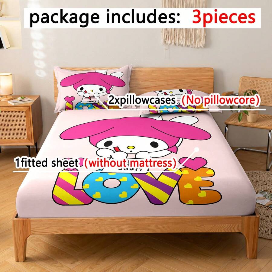Juego de ropa de cama con patrón de dibujos animados Melody de 3 piezas, suave y cómodo, decoración de dormitorio, habitación de invitados (incluye 1 sábana bajera y 2 fundas de almohada) - Multicolor - Ver 1