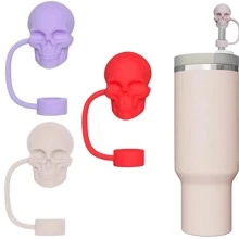 可愛3D骷髏造型吸管蓋帽，可重複使用吸管頂蓋，卡通矽膠吸管套蓋，0.4英吋(10mm)適用於30&40oz保溫杯，防塵吸管蓋，派對用品，杯子裝飾配件，水壺配件 - 彩色 - 查看 4