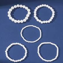 1pc 4mm-12mm White Simple & Fashionable Faux Pearl Beaded Men's Bracelet, Suitable For Daily Wear - White - View 9