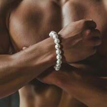 1pc 4mm-12mm White Simple & Fashionable Faux Pearl Beaded Men's Bracelet, Suitable For Daily Wear - White - View 3